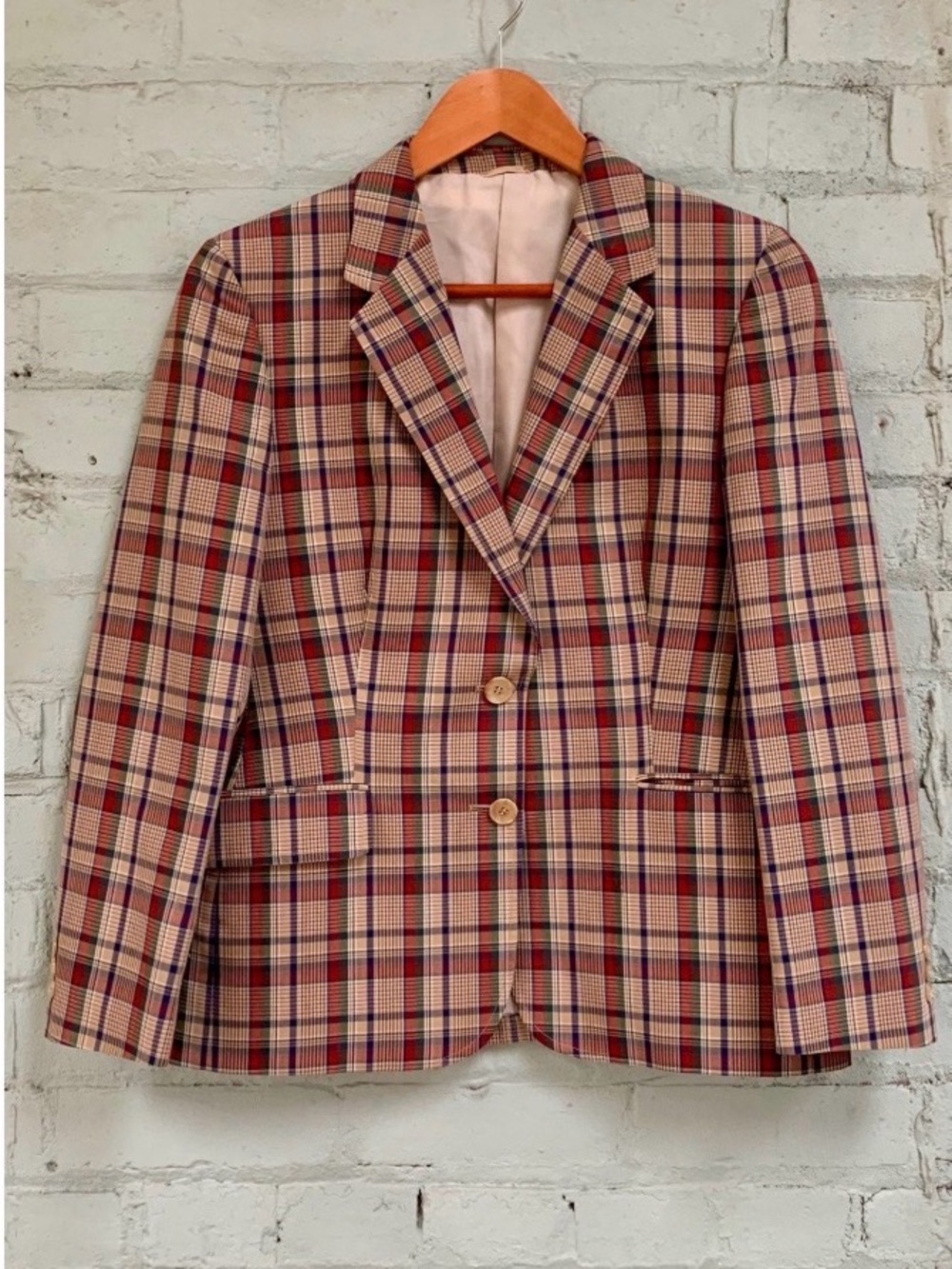 Vintage 70s Plaid Blazer in Beige, Red & Blue Like New